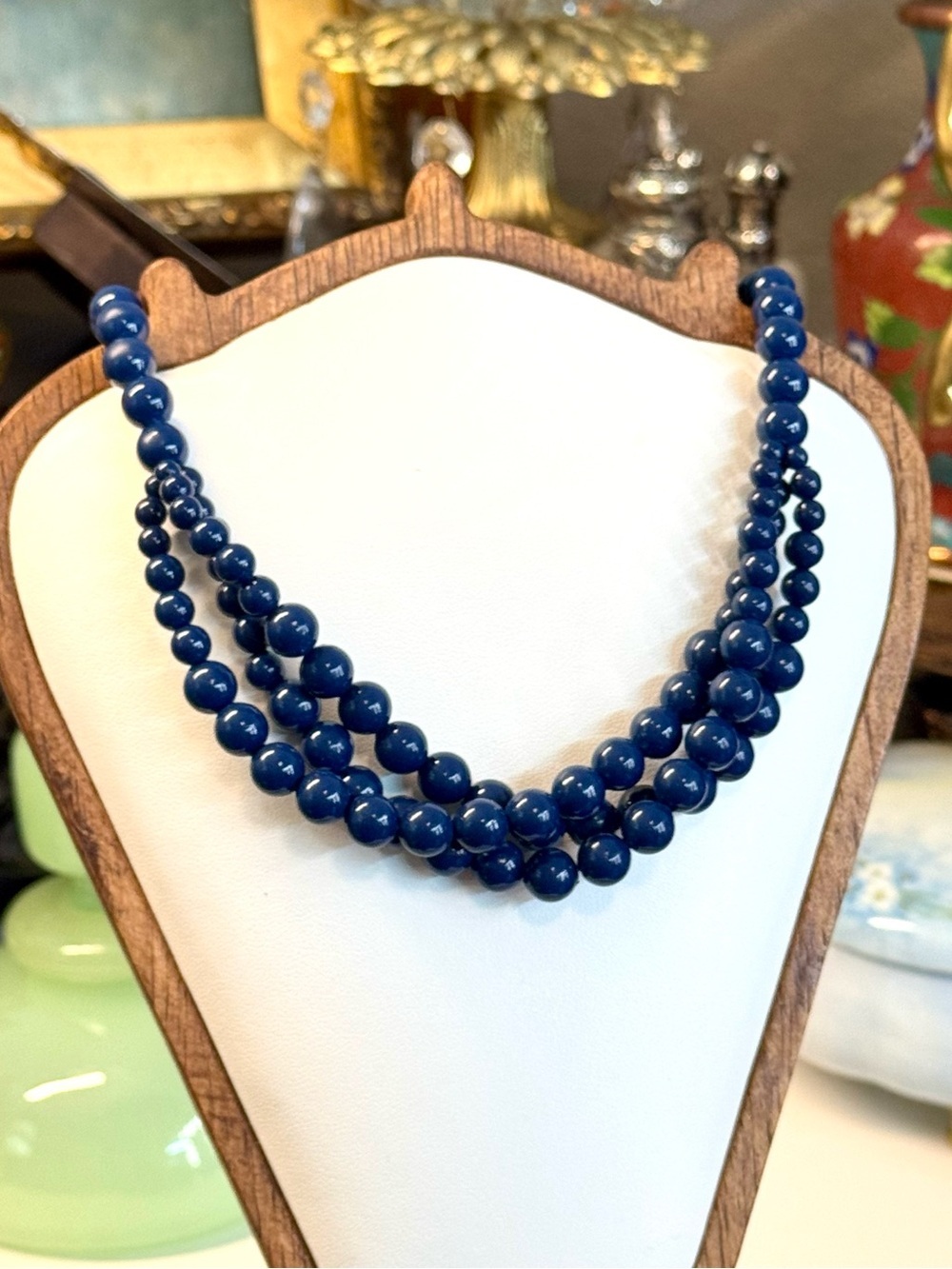 Vintage Triple-Strand Navy Blue Beaded Statement Necklace (18")